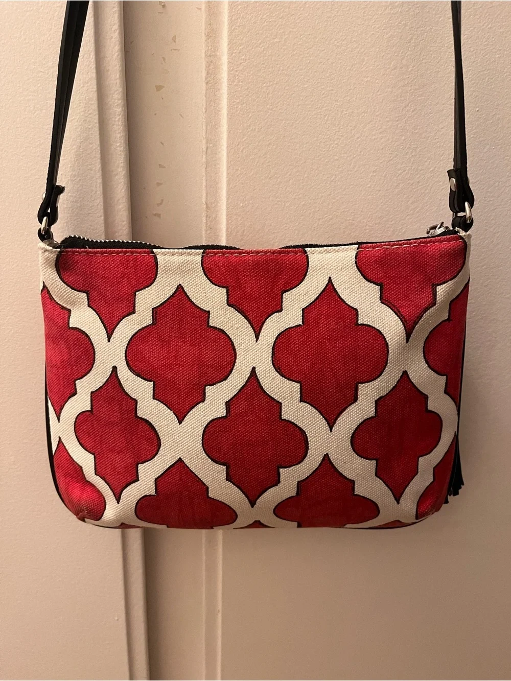 Brighton Red and Cream Moorish Tile Patterned Crossbody with Black Tassel